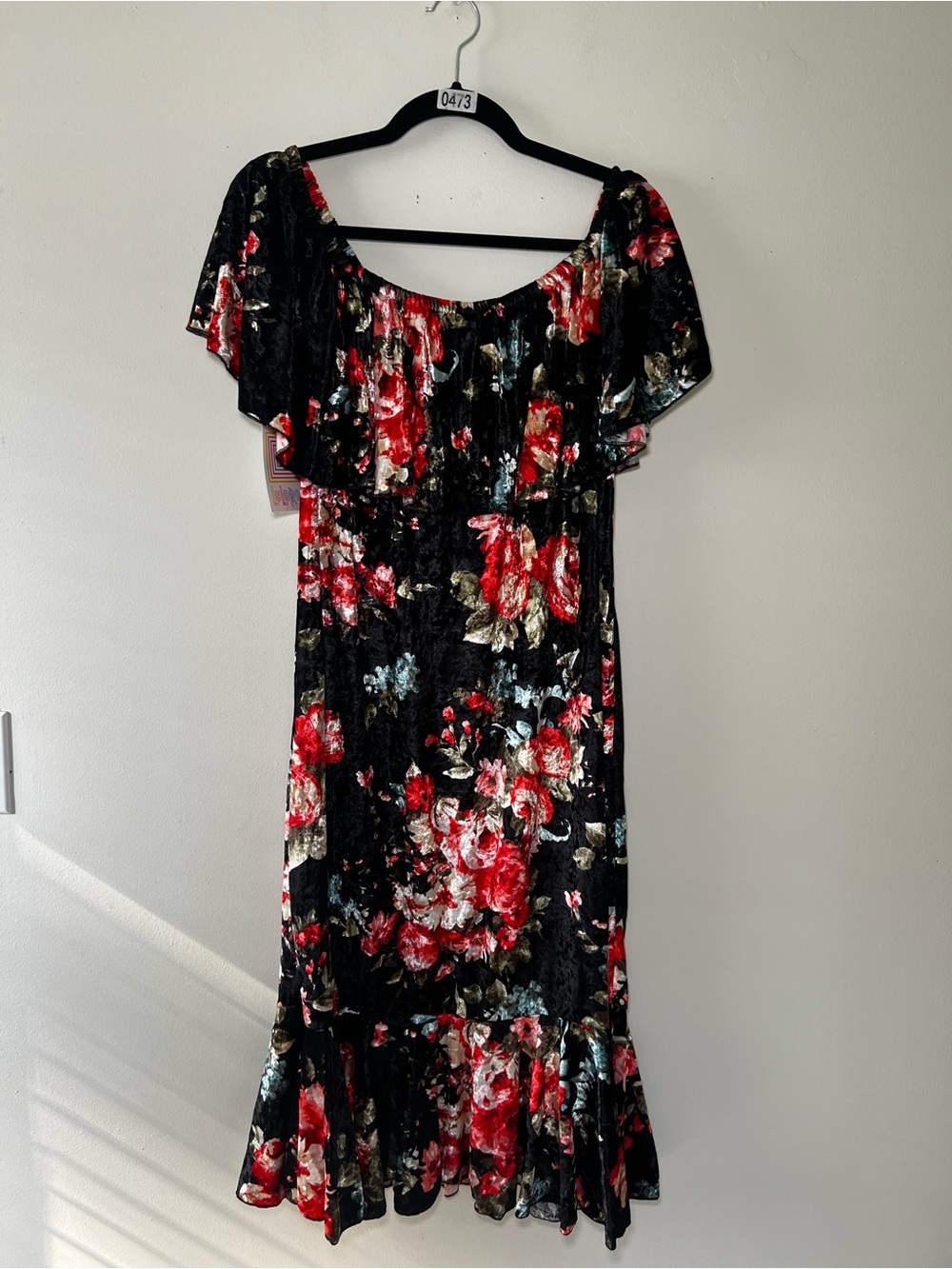 LuLaRoe Cici Black Midi Dress with Red Floral Print